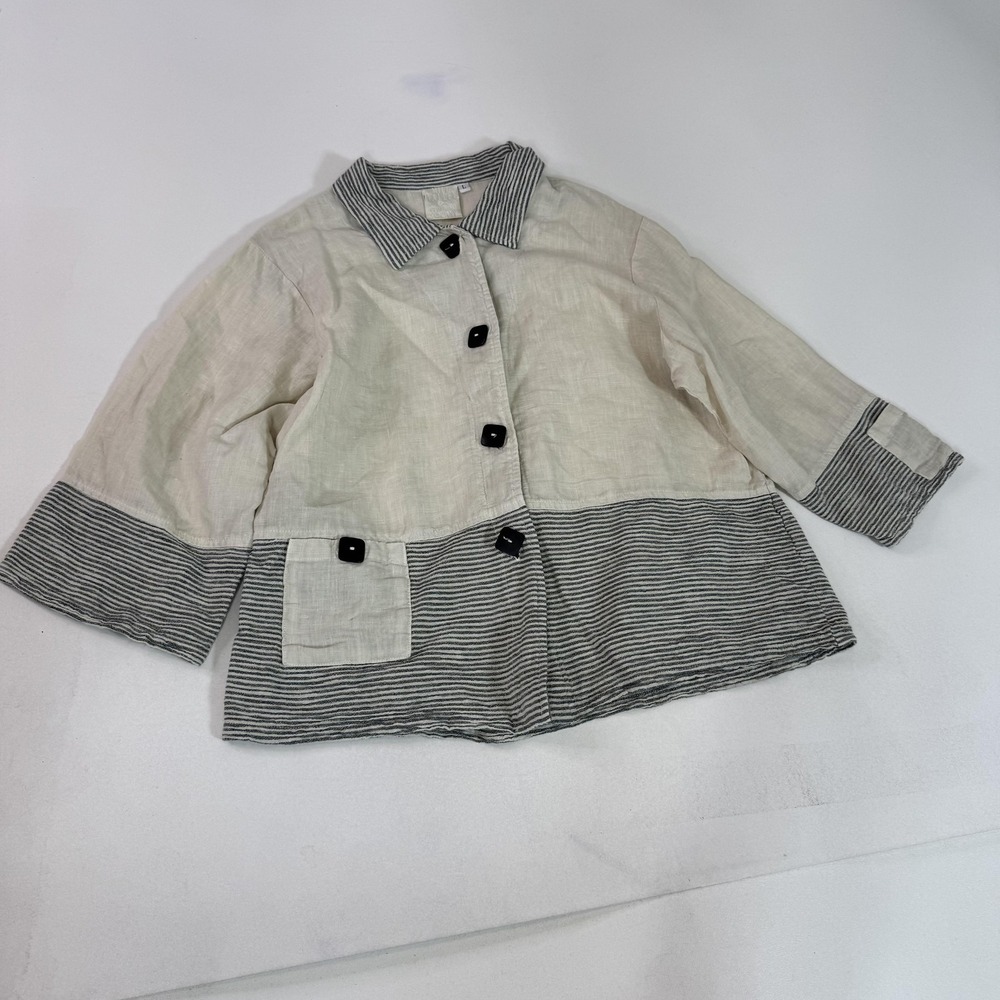 Made in USA Linen Jacket Womens Large Ivory Gray Striped Colorblock 40-88